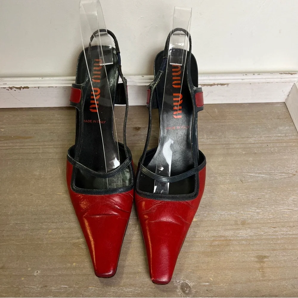 Miu Miu Red Leather Slingback Heels Square Toe Italy 38 Y2K Prada Grunge Punk - Picture 3 of 15